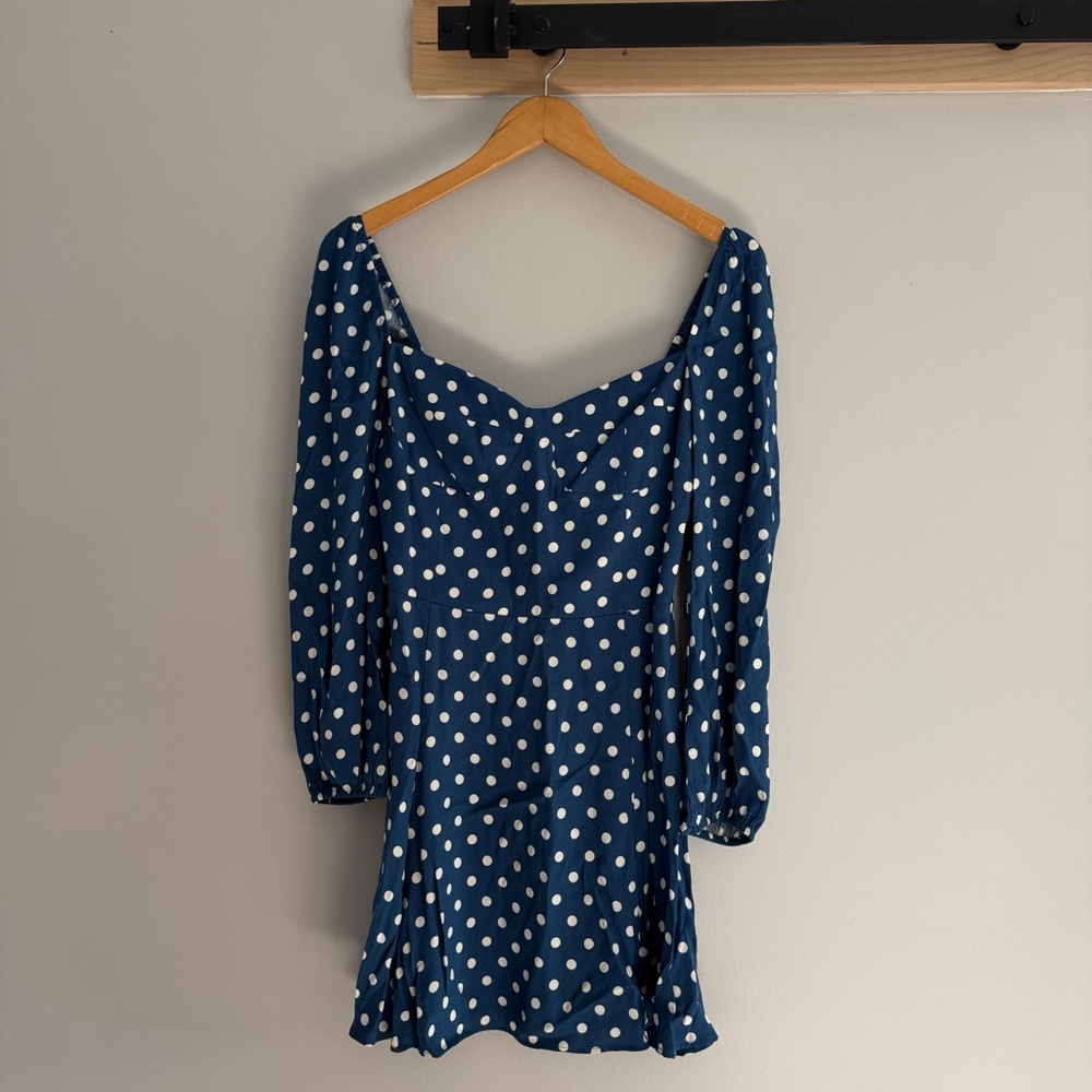 Reformation Mochi Dress in Blue and White Polkadot